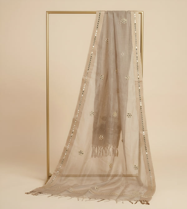 Gold Organza Dupatta with Mirror Flower Embroidery & Cutwork Border