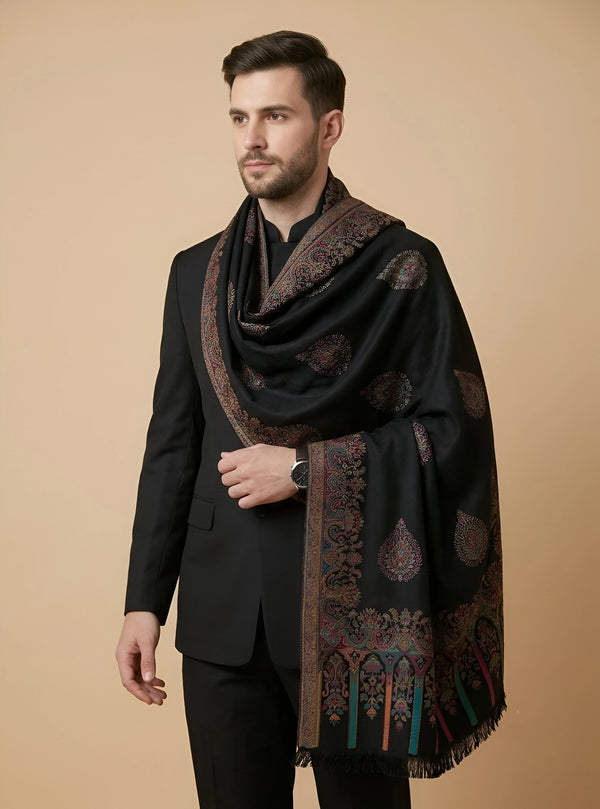 Noble Kani Woven Paisley Border Wool Blend Black Stole