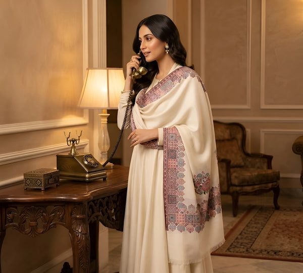 Naqsh-e-Kashmir Inspired Kingri Design Jacquard Woven White Shawl with Floral Border
