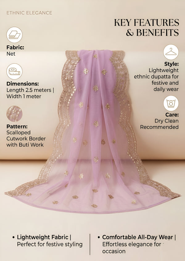 Pink Twill Net Mens Dupatta – Scalloped Cutwork Border with Buti Work