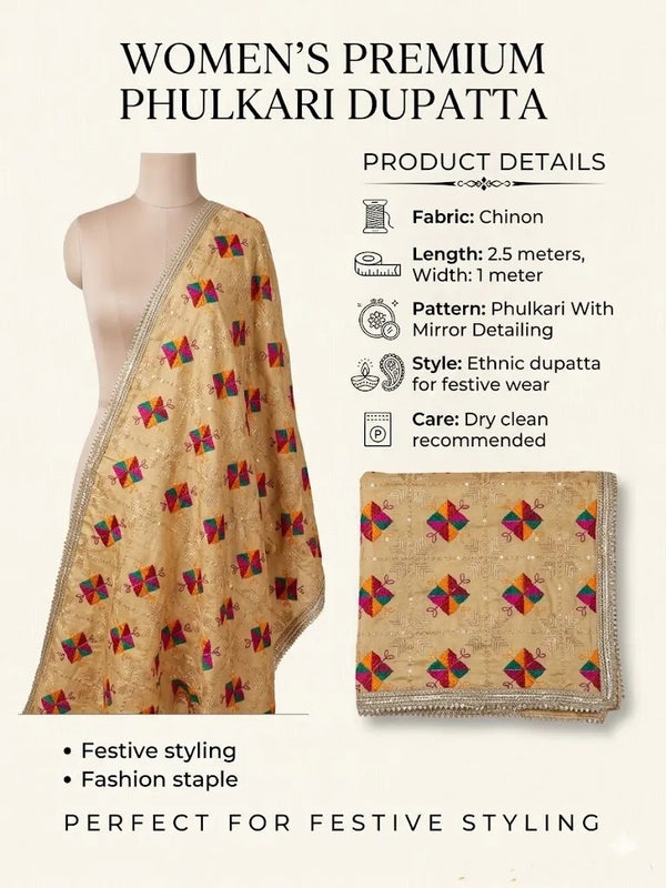 Luxe Chinon Women Phulkari Beige Dupatta with Lace Border & Traditional Motif Work