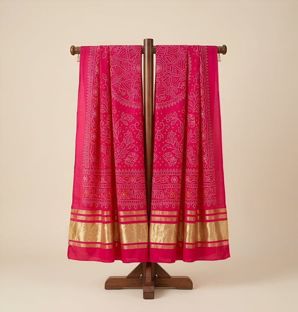 Bamboo Silk Bandhani Inspired Gajji Women Pink Dupatta with Elephant & Floral Motifs and Golden Tape Border