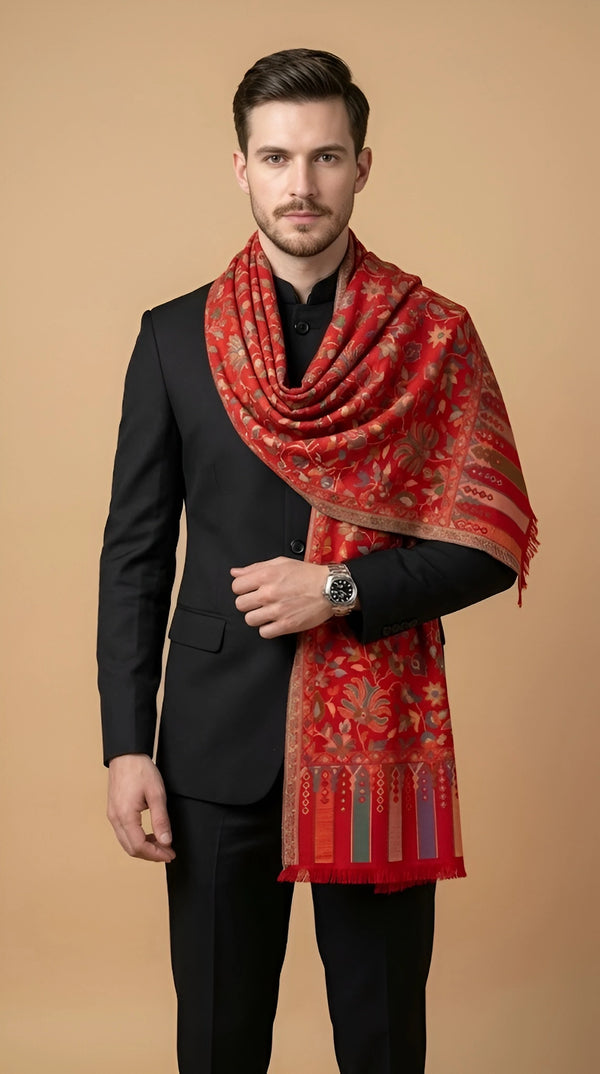 Noble Kani Weave Floral Wool Blend Red Stole