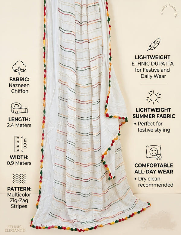 White Nazneen Chiffon Dupatta with Multicolor Stripes & Pom Pom Border