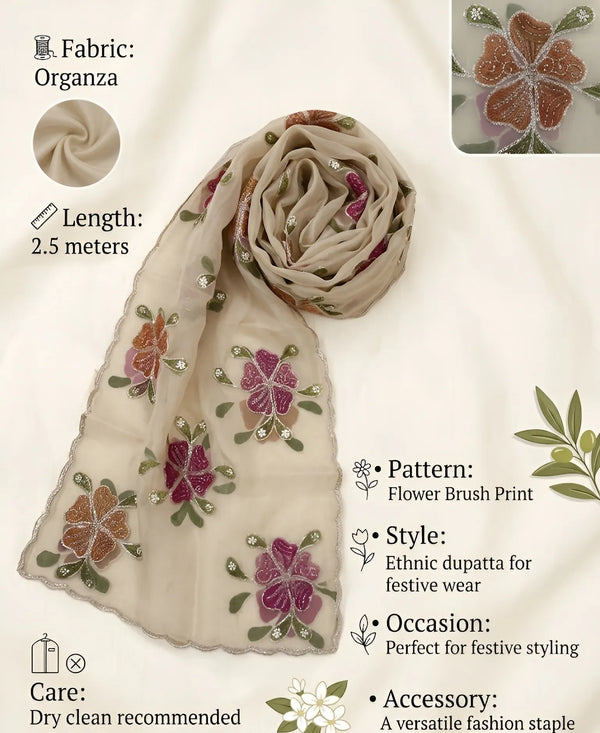 Luxe Organza Womens Beige Dupatta with Floral Brush Print Embellishment
