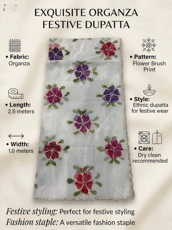 Luxe Organza Womens White Dupatta with Floral Brush Print Embellishment