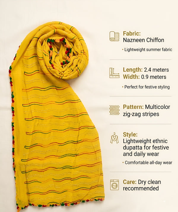 Yellow Nazneen Chiffon Mens Dupatta with Multicolor Stripes & Pom Pom