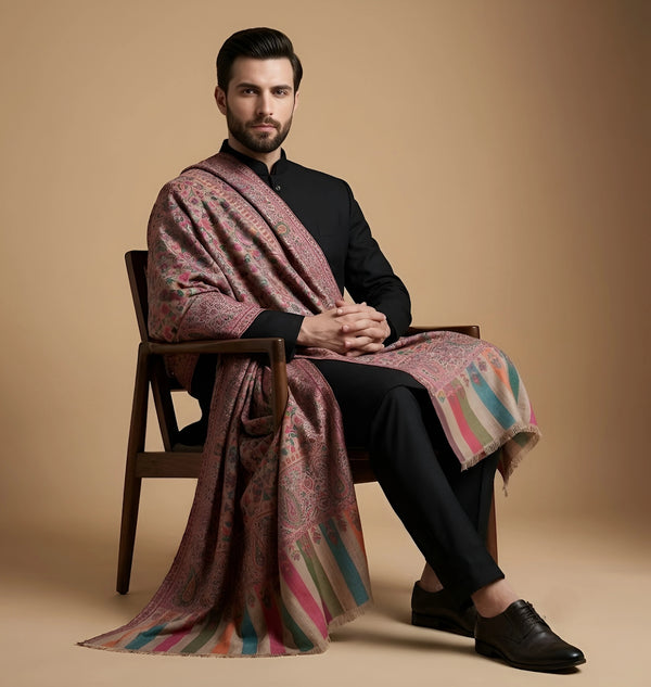 Mir-e-Khas Traditional Kashmiri Kani Weave Brown Shawl for Men – Wool Blend