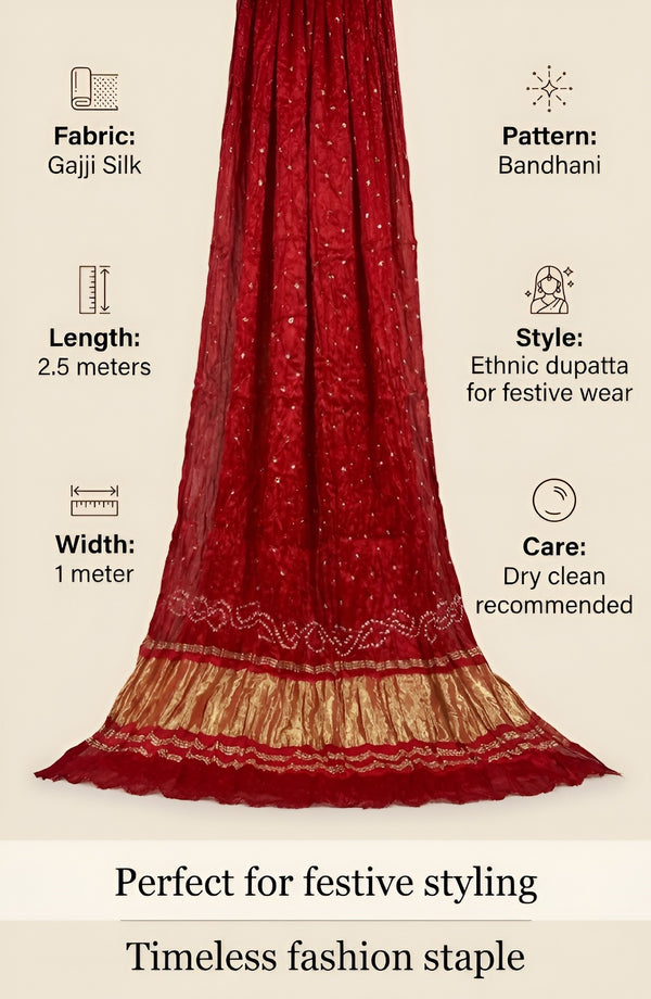 Luxurious Gajji Silk Red Dupatta with Bandhani Dots & Zari Border