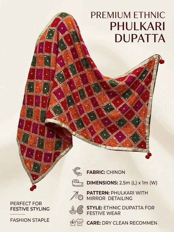 Luxe Chinon Women Phulkari Multicolor Dupatta with Mirror Detailing, Tape Border & Latkan Tassels