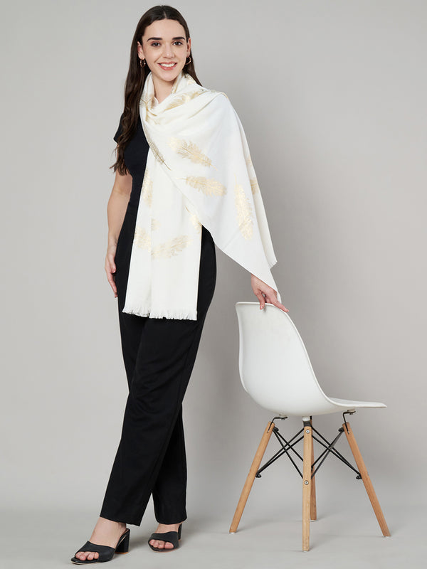 Wool White Feather Motif Women Stole | Elegant Woven Wrap with Metallic Accents (80 × 28 Inches)