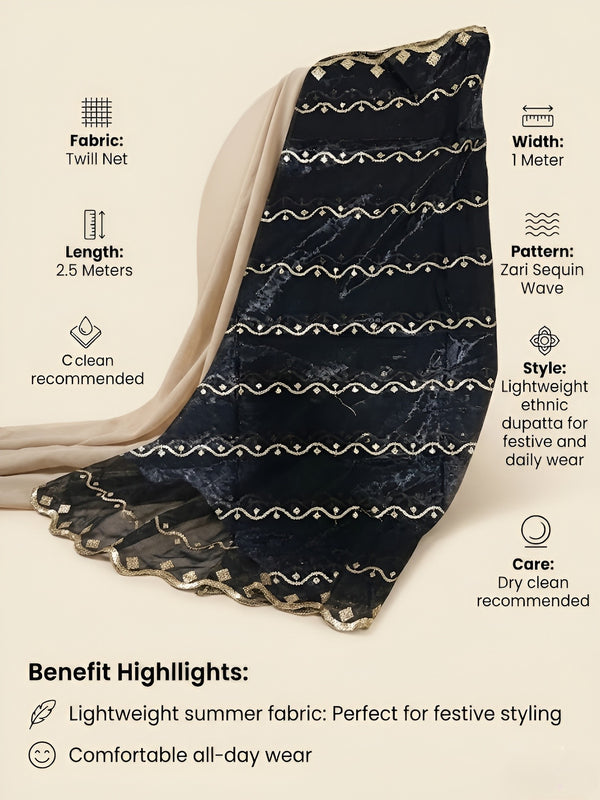 Net Black Dupatta with Twill Zari Sequin Wave Work