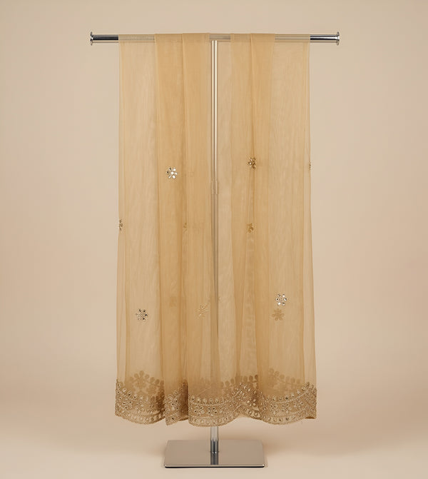 Gold Twill Net Women Dupatta – Scalloped Cutwork Border with Buti Work