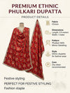 Luxe Chinon Women Phulkari Red Dupatta with Lace Border & Traditional Motif Work