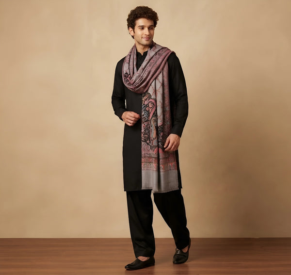Mir-e-Khas Men's Kashmir-Inspired Paisley Jacquard Grey Shawl with Kani Floral Border