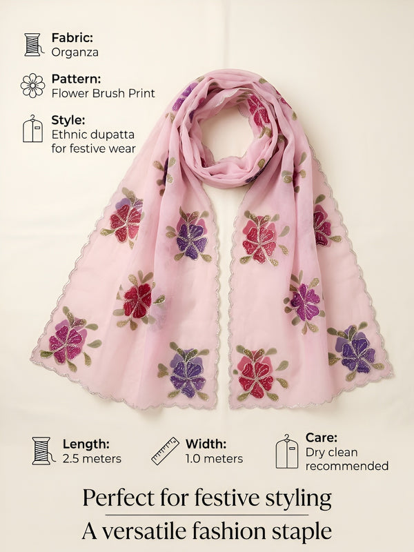 Luxe Organza Womens Pink Dupatta with Floral Brush Print Embellishment