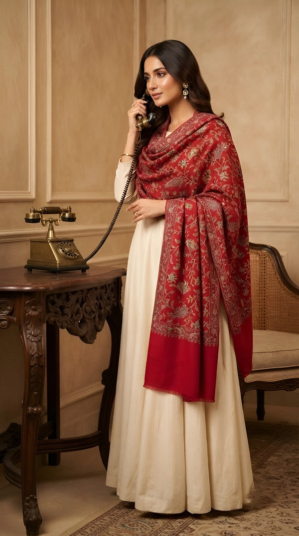 Naqsh-e-Kashmir Inspired Jamawar Floral Paisley Vine Wool Blend Red Shawl