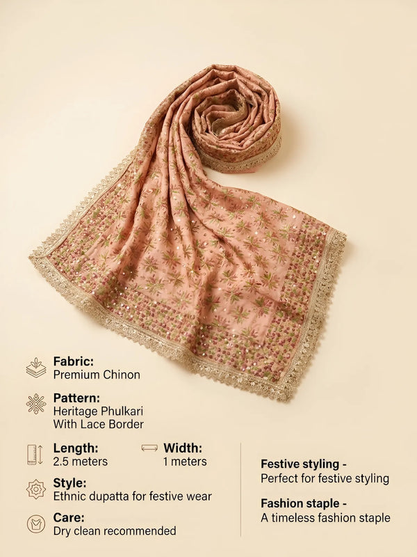 Luxe Heritage Phulkari Chinon Embroidered Peach Dupatta with Lace Border