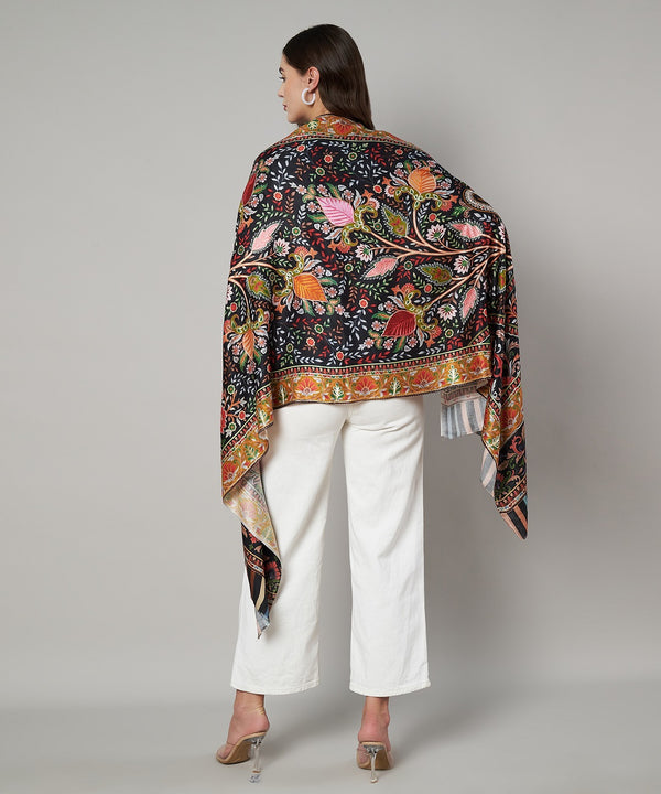 Signature Kashmiri Print & Thread Work Bamboo Silk Stole for Women