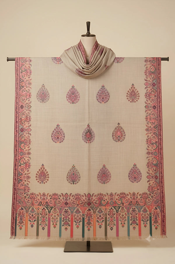 Noble Kani Woven Paisley Border Wool Blend Beige Stole