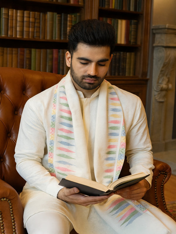 Woolen Mens Stole with Ikat-Inspired Woven Design | Refined Ethnic Wrap (80 × 28 Inches)