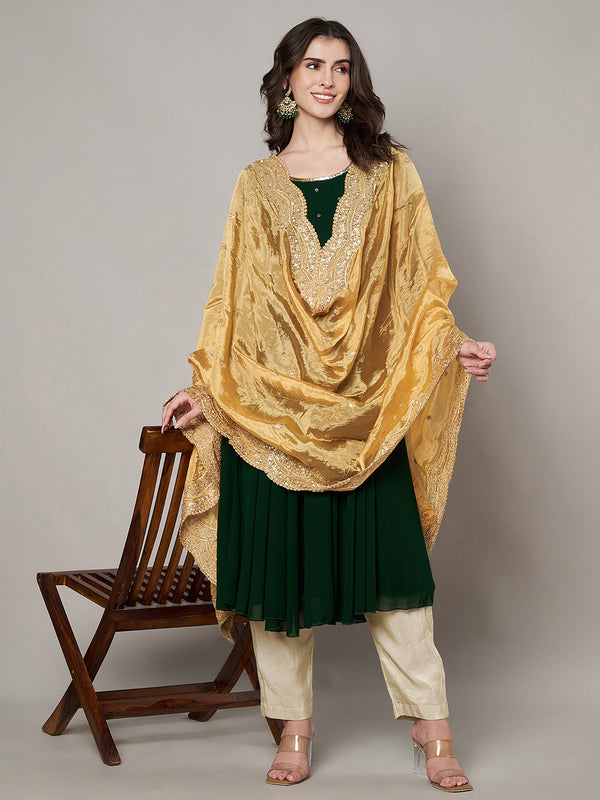 Gold Chinon Dupatta with Scalloped Embroidered Border & Sequin Motifs (Size: 2.5x1 m Approx)