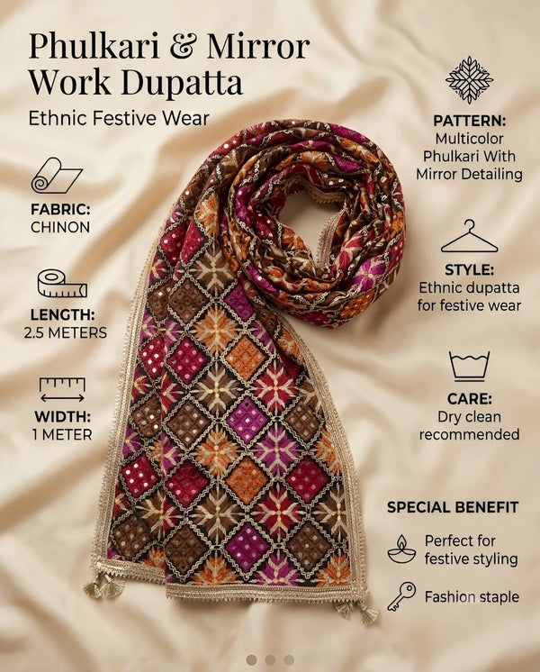 Luxe Phulkari Chinon Mirror Work Embroidered BlackDupatta with Elegant Lace Border