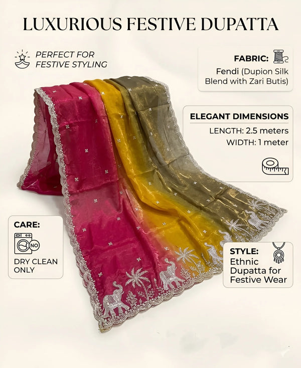 Luxe Fendi Womens Yellow Dupatta with Heritage Zari Buti & Elephant Work