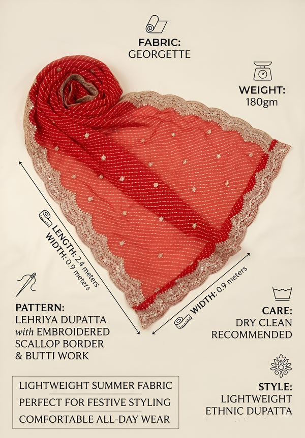 Georgette Leheriya Women Red Dupatta with Embroidered Scallop Border & Butti Work
