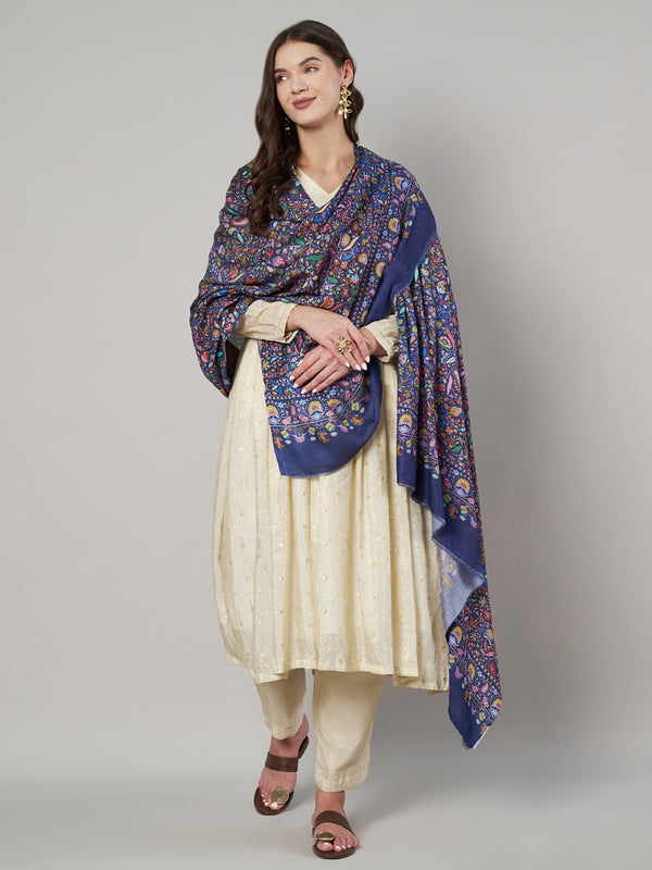 Printed Bamboo Silk Women Shawl – Blue Floral Statement Wrap (80 x 40 Inches)
