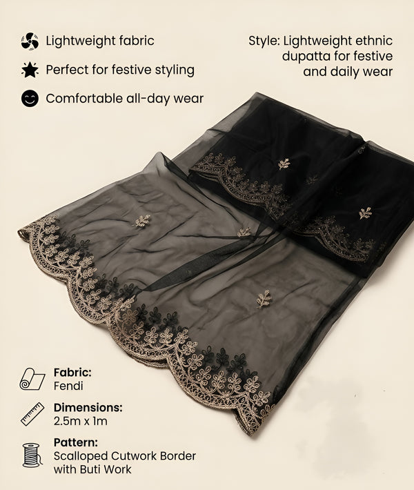 Black Organza Women Dupatta – Scalloped Cutwork Border with Buti Work