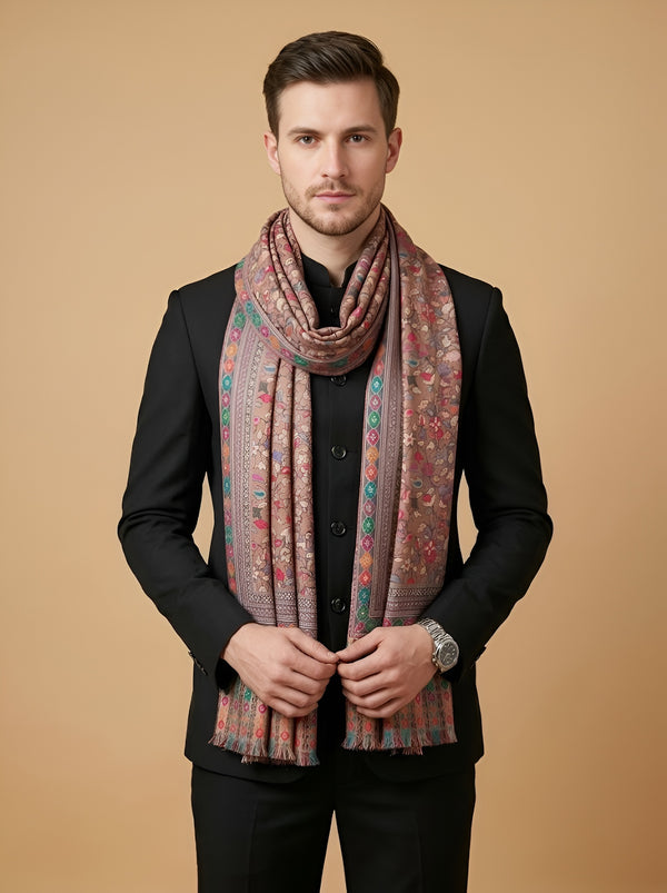 Reserve Mens All-Over Kalamkari Floral Print Bamboo Silk Brown Stole