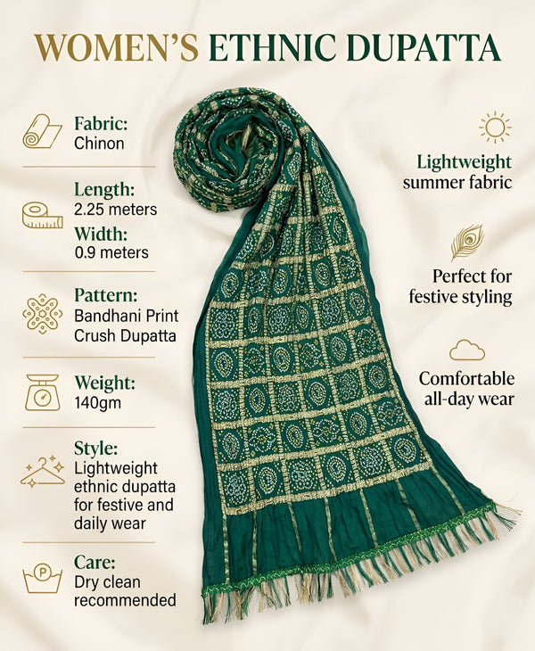 Chinon Bandhani Print Crush Women Green Dupatta with Traditional Motif Grid Design & Tassel Detailing
