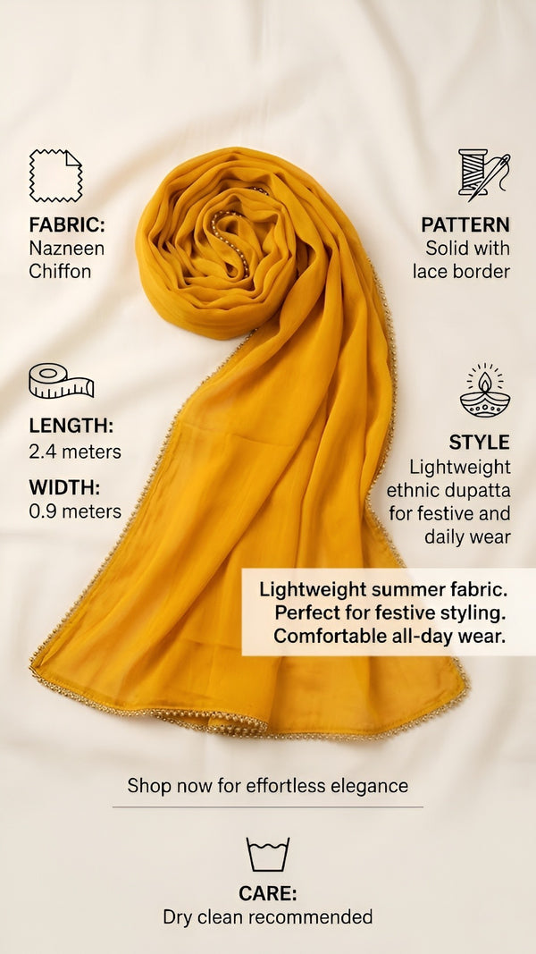 Yellow Nazneen Chiffon Dupatta with Lace Border | Solid Lightweight Wrap
