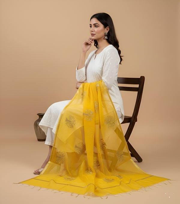 Elegant Yellow Cotton Zari Buta Dupatta | Lightweight Ethnic Drape