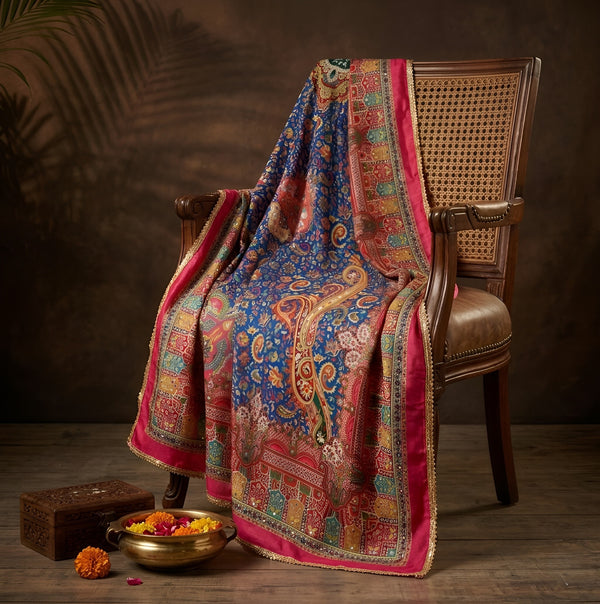 Chinon Floral Mirror Work Women Multicolor Dupatta with Designer Printed Panels & Lace Border