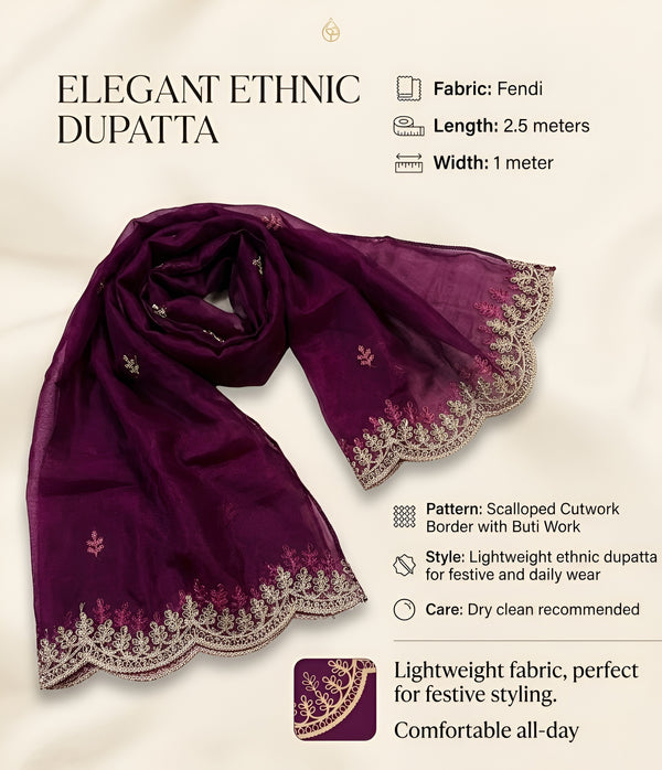 Wine Organza Mens Dupatta – Scalloped Cutwork Border with Buti Work