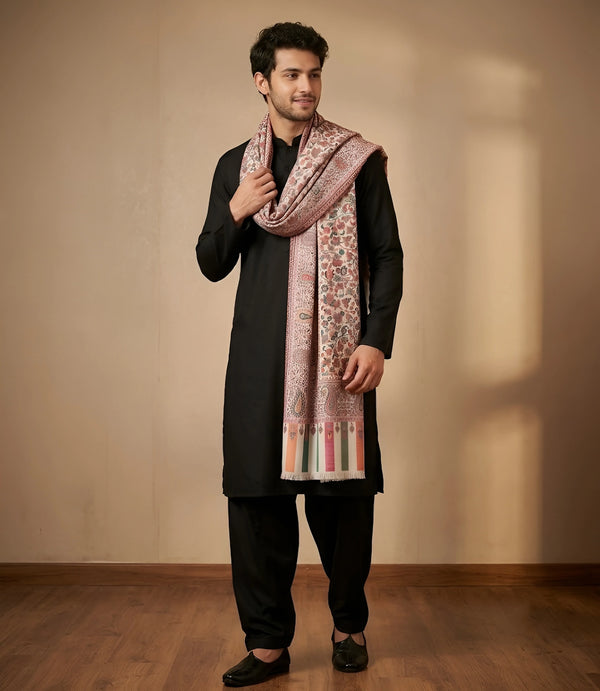 Mir-e-Khas Traditional Kashmiri Kani Weave White Shawl for Men – Wool Blend