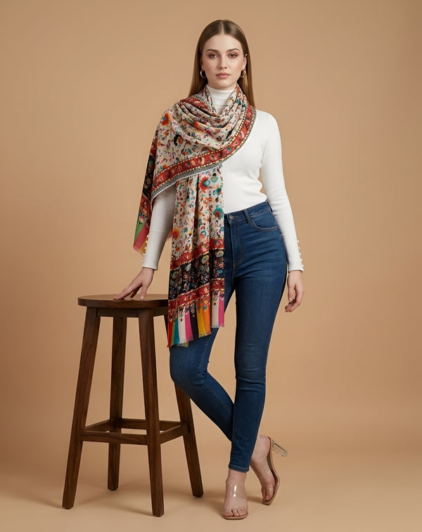 Signature Bamboo Silk Floral PrintedStole | Heritage Botanical Border Print
