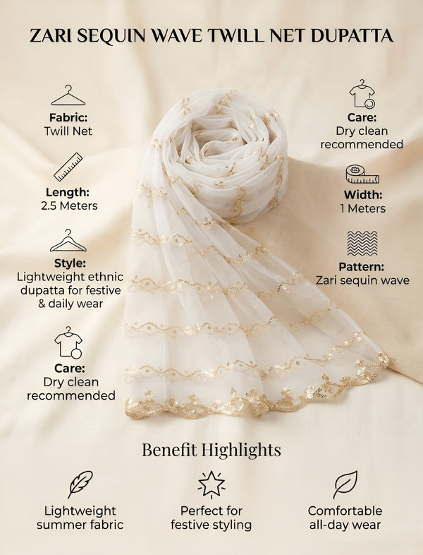 Net White Dupatta with Twill Zari Sequin Wave Work