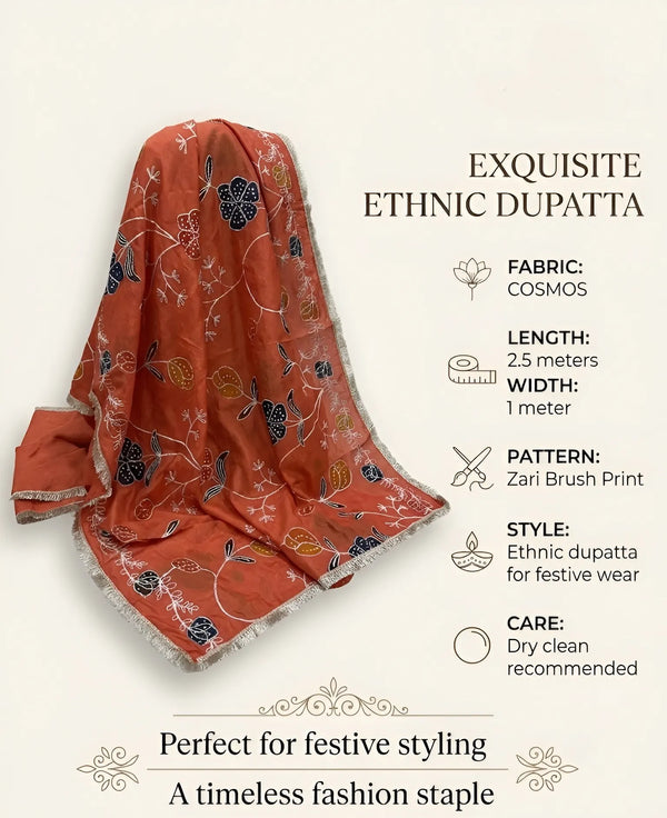 Luxe Cosmos Womens Orange Dupatta with Zari Brush Print & Lace Border