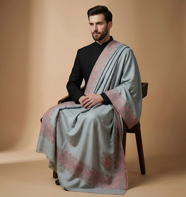 Mir-e-Khas Men's Kashmir-Inspired Kani Paisley & Geometric Border Wool Blend Grey Shawl