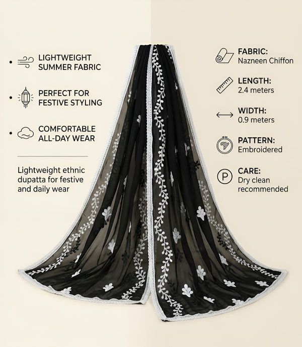 Black Nazneen Chiffon Embroidered Dupatta with Floral Work