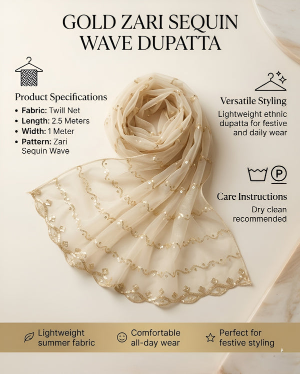 Net Cream Dupatta with Twill Zari Sequin Wave Work