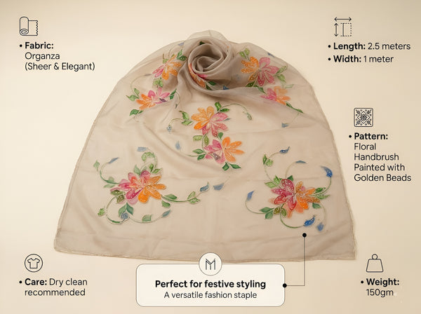 Luxe Organza Women Beige Dupatta with Handbrush Floral Art & Beads