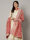 Red Georgette Dupatta with Gold Foil Booti & Lace Border (Size: 2.5x1 m Approx)