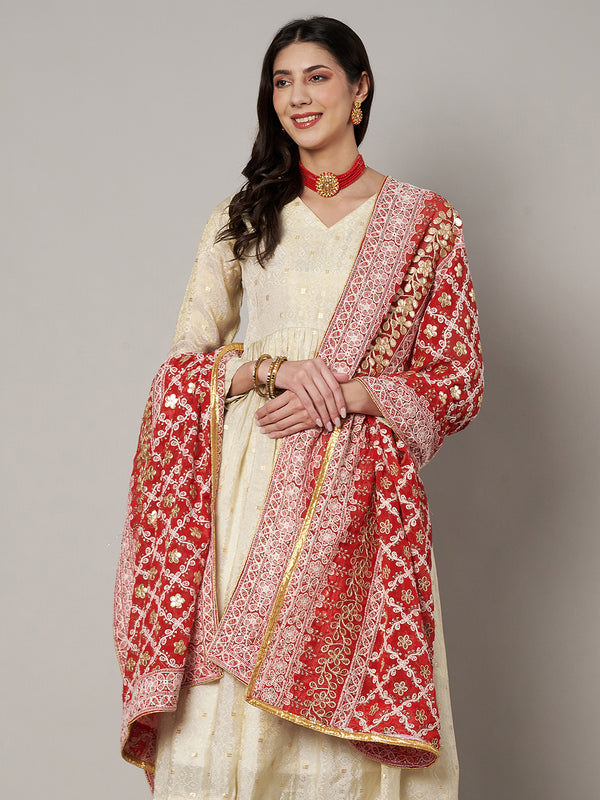 Red Georgette Dupatta with Gold Foil Booti & Lace Border (Size: 2.5x1 m Approx)