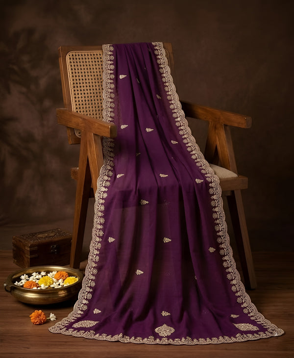 Luxe Vichitra Women Purple Dupatta with 4 Side Scalloped Embroidered Border & Buti Embellishment