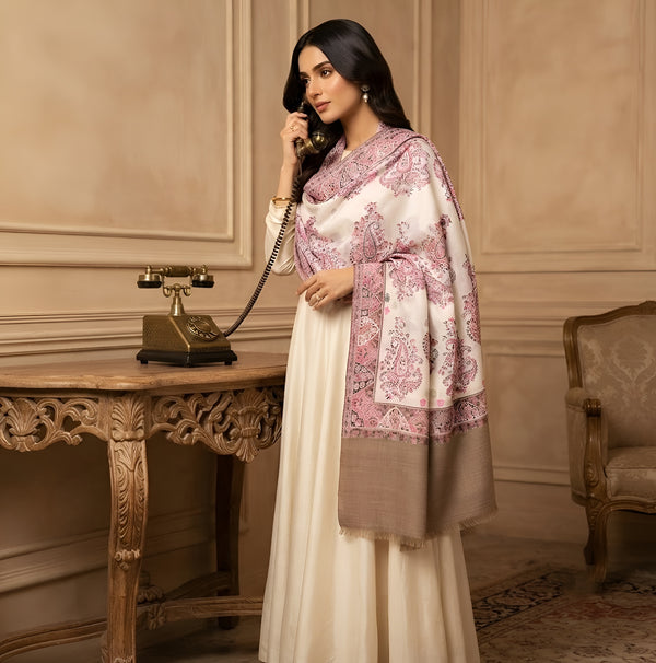 Naqsh-e-Kashmir Woven Kani Jacquard Paisley White Shawl with Inner Bootas & Solid Panel