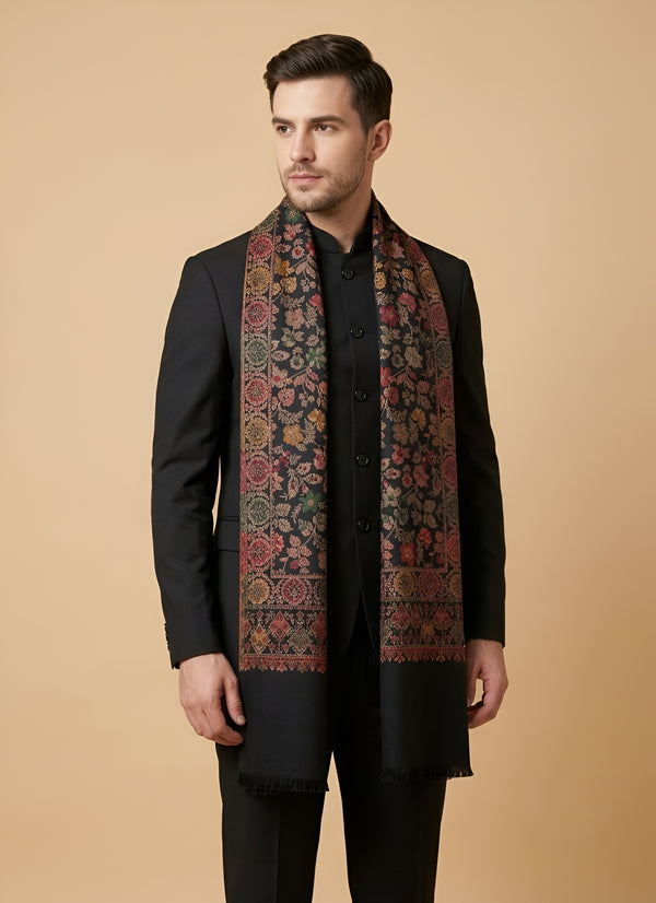 Noble Mens Wool Blend Floral Kani Weave Black Stole